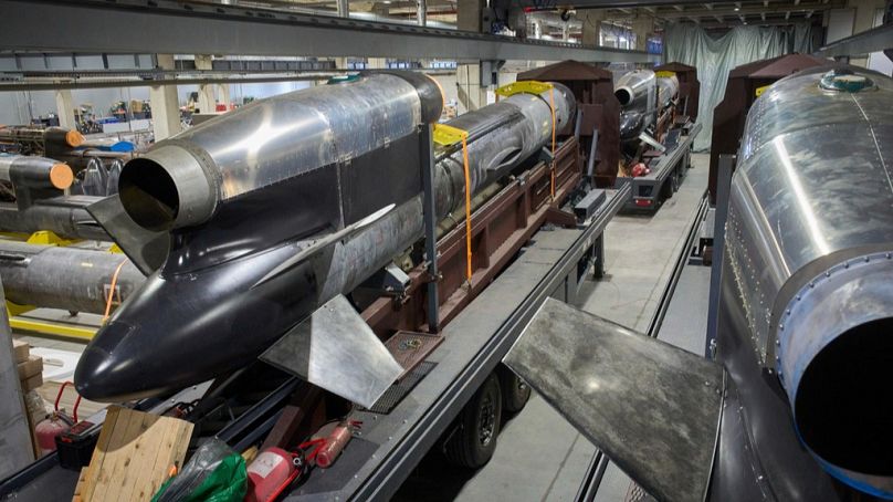 Flamingo missiles are seen at Fire Point's secret factory in Ukraine on Monday, Aug. 18, 2025.