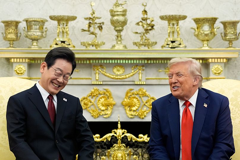 President Donald Trump, right, meets with South Korean President Lee Jae-myung in the Oval Office of the White House, Monday, Aug. 25, 2025, in Washington.