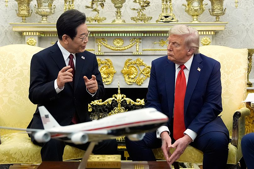 South Korean President Lee Jae-myung speaks as President Donald Trump listens during a meeting in the Oval Office, 25 August, 2025