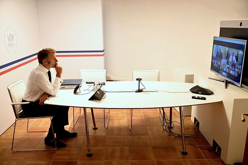 French President Emmanuel Macron attends a video meeting of the European Council to discuss next steps for Ukraine, 19 August, 2025 