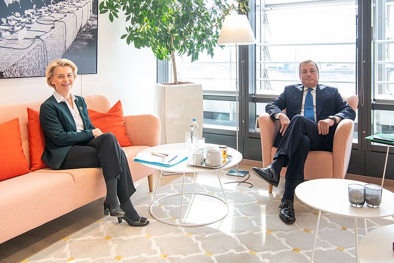 Ursula von der Leyen hosting Mario Draghi at the Berlaymont, the EU Commission headquarters, ahead of the 2024 EU elections.