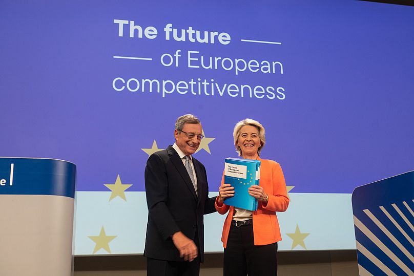 Mario Draghi and Ursula von der Leyen at the unveiling of the report on the future of European competitiveness drafted by the former European Central Bank governor.