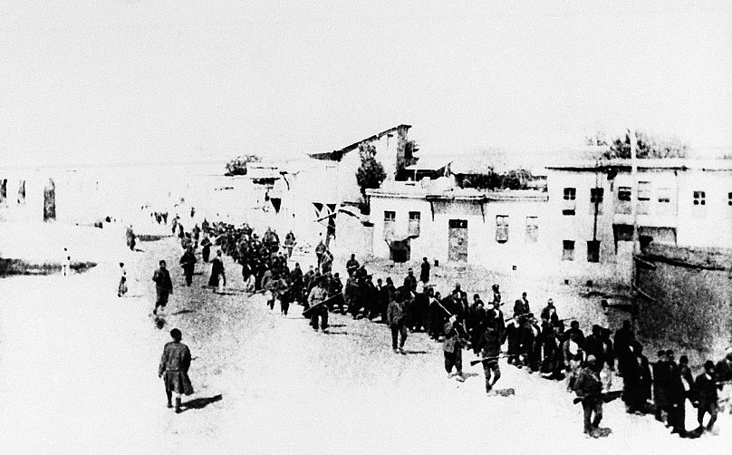 Armenians being marched long distances and said to have been massacred by Ottoman troops, 1915