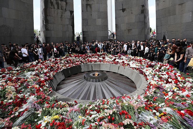 People attend the commemorative ceremony marking the 110th anniversary of the Armenian Genocide in Yerevan, 24 April, 2025