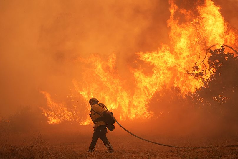 A firefighter battles the Canyon Fire on Aug. 7, 2025, in Hasley Canyon, California. 
