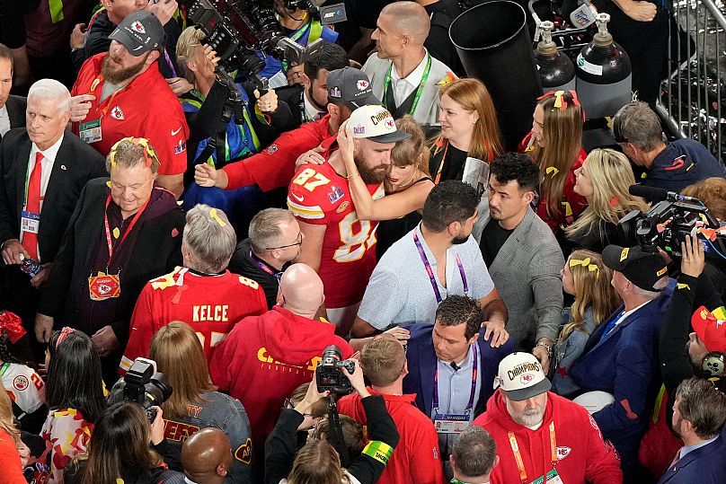 Taylor Swift and Travis Kelce at the end of the NFL Super Bowl 58 football game - 11 February 2024