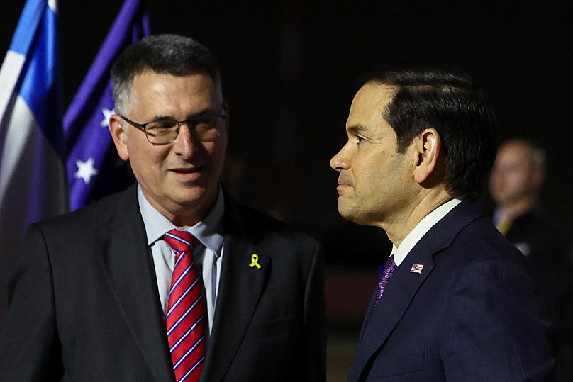 Israel's Foreign Minister Gideon Sa'ar welcomes US Secretary of State Marco Rubio in Tel Aviv, 15 February, 2025