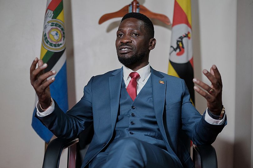 Ugandan singer, politician, and opposition figure Bobi Wine speaks to The Associated Press at his political party office (National Unity Platform) in Kampala, Uganda, Thursday