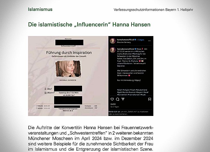 Der Verfassungsschutz Bayern warnt vor Hanna Hansen