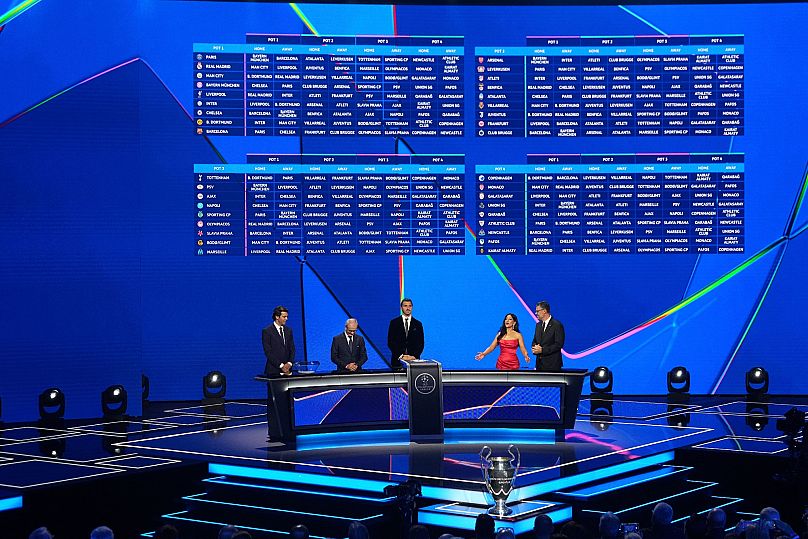 The final results are seen on a screen after the Champions League football league phase draw in Monaco, 28 August, 2025 