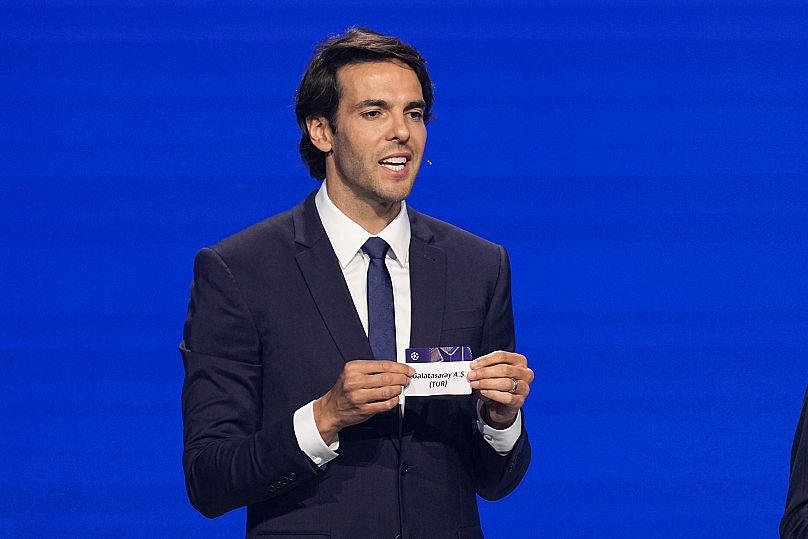 Former Brazilian player Kaka displays Galatasaray during the Champions League football league phase draw in Monaco, 28 August, 2025
