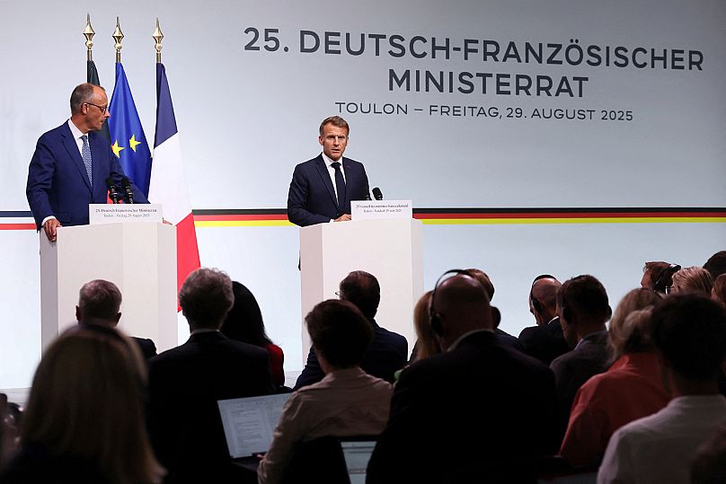 German Chancellor Friedrich Merz attends a news conference with French President Emmanuel Macron in Toulon, 29 August, 2025