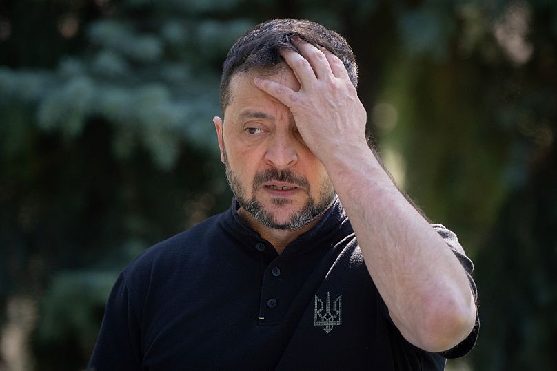 رد فعل الرئيس الأوكراني فولوديمير زيلينسكي خلال مؤتمره الصحفي في كييف، 29 أغسطس 2025