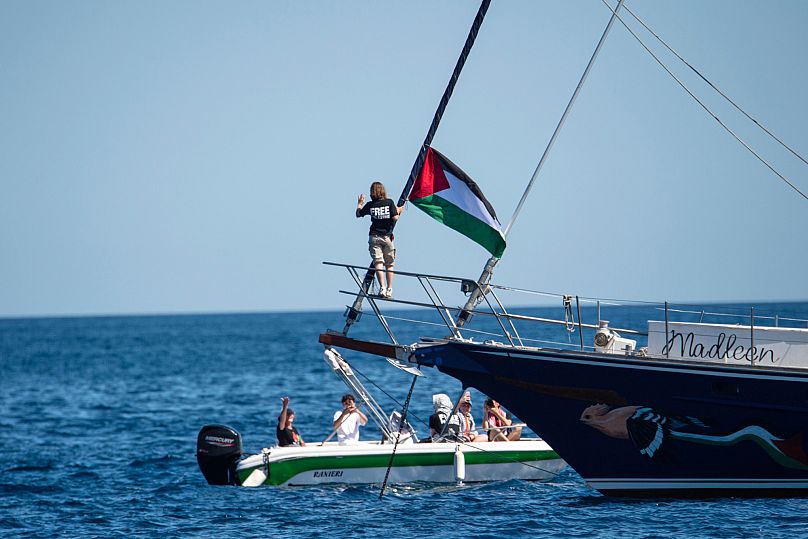 Activist Greta Thunberg aboard the Madleen boat before setting sail for Gaza along with activists of the Freedom Flotilla Coalition, Catania, Italy, Sunday, June 1, 2025. 