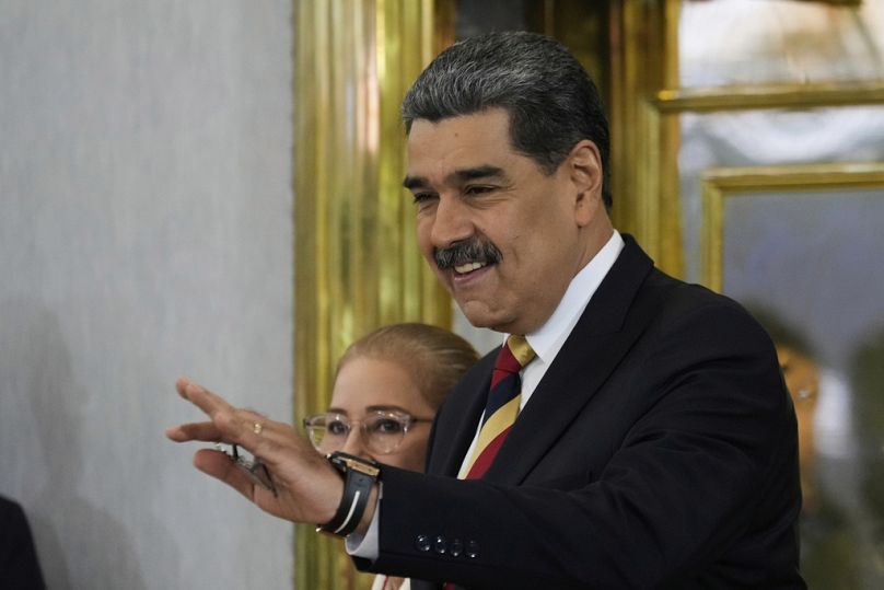 Venezuela President Nicolas Maduro arrives for a press conference in Caracas, Venezuela, Monday, Sept. 1, 2025