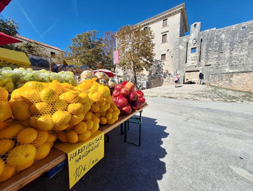 Local food market in Svetvinčenat, in front of the main entrance of Morosini-Grimani Castle