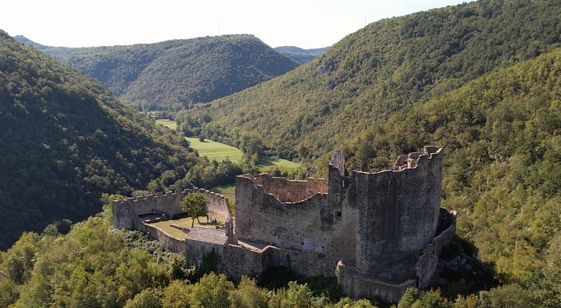 Aerial view of Petrapilosa Castle in the region of Istria