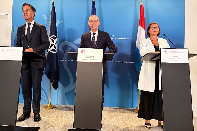 NATO chief Mark Rutte, Luxembourg's Prime Minister Luc Frieden and Luxembourg's Defence Minister Yuriko Backes at a media conference in Luxembourg, 2 September, 2025