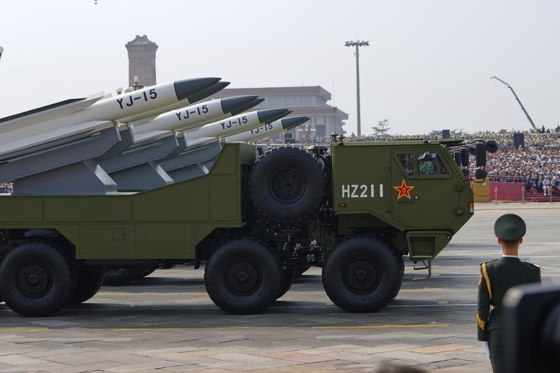 A YJ-15 anti-ship missile passes during a military parade to commemorate the 80th anniversary of the end of WWII, held in front of Tiananmen Gate, Wednesday, Sept. 3, 2025