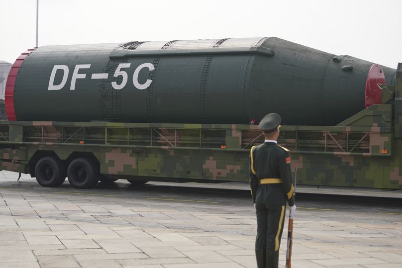 The DF-5C liquid-fueled intercontinental strategic nuclear missile showcased in the Victory Day military parade held in front of Tiananmen Gate, Wednesday, Sept. 3, 2025