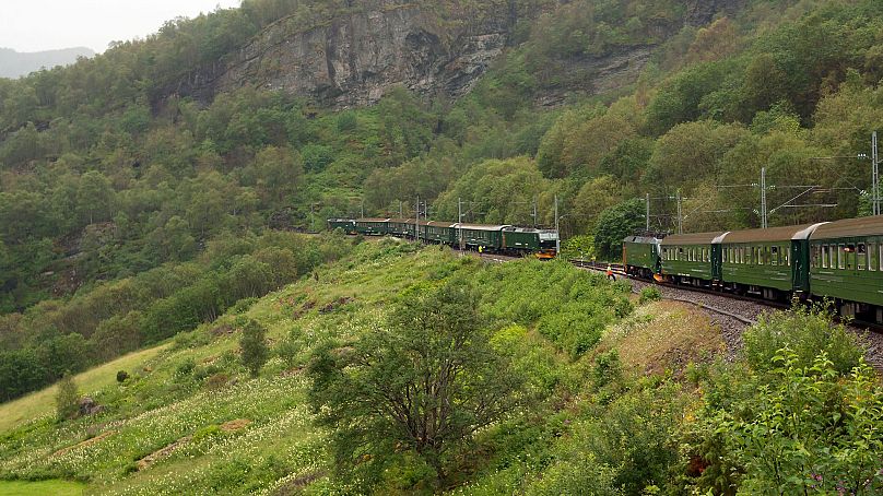 Aerial view of Norway's Flam Railway on its usual journey