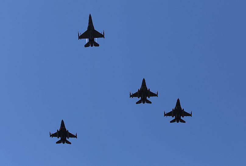 Military aircraft fly over the National Mall heading towards the White House as President Donald Trump meets with Polish President Karol Nawrocki, 3 September, 2025