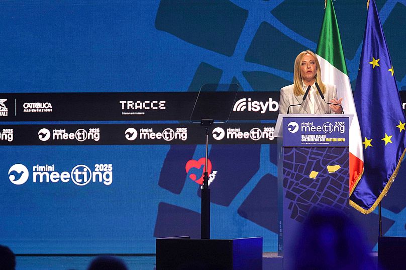 Italy's Prime Minister Giorgia Meloni speaks at the Rimini Meeting in Rimini, 27 August, 2025
