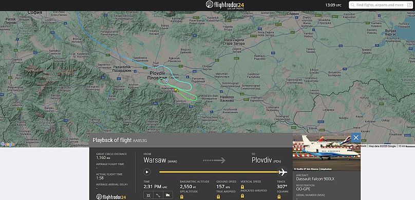 A screenshot shows the track of the plane carrying Ursula von der Leyen to Plovdiv airport on August 31, 2025
