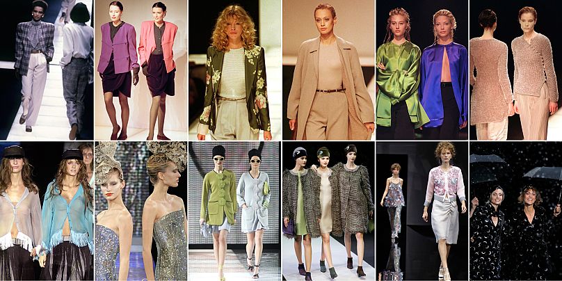 Alcune delle creazioni Armani tra il 1985 e il 2024