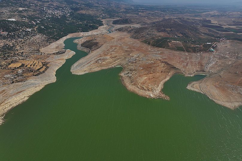 A drone view shows dramatically low water levels at Lake Qaraoun, one of the Lebanon's largest reservoirs, in Qaraoun village, eastern Lebanon.