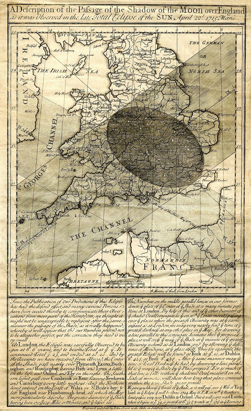 Durchgang des Mondschattens über England einer totalen Sonnenfinsternis am Morgen des 22. April 1715. 