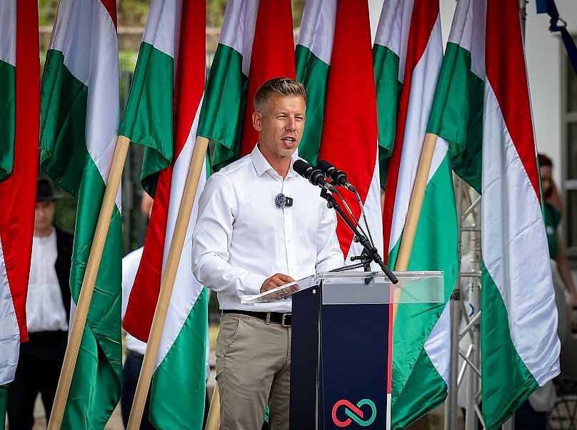 The leader of the Hungarian opposition Tisza Party, Péter Magyar, delivers a speech in Pannonhalma, 20 August, 2025
