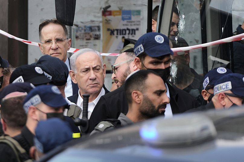 Israeli Prime Minister Benjamin Netanyahu visits the site of a shooting attack in Jerusalem, 8 September, 2025