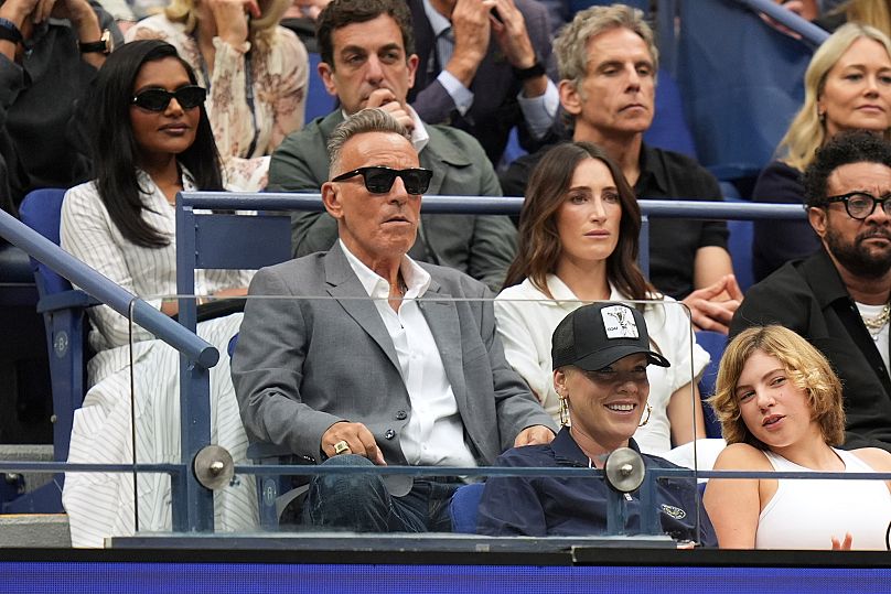 Bruce Springsteen attending the men's singles final of the U.S. Open tennis championships, Sunday, Sept. 7, 2025, in New York. (AP Photo/Seth Wenig)