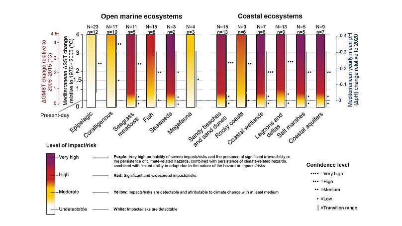 The diagram, a so-called “Burning Ember” as defined by the IPCC, assesses the risk to open ocean and coastal ecosystems in relation to projected climate impacts.