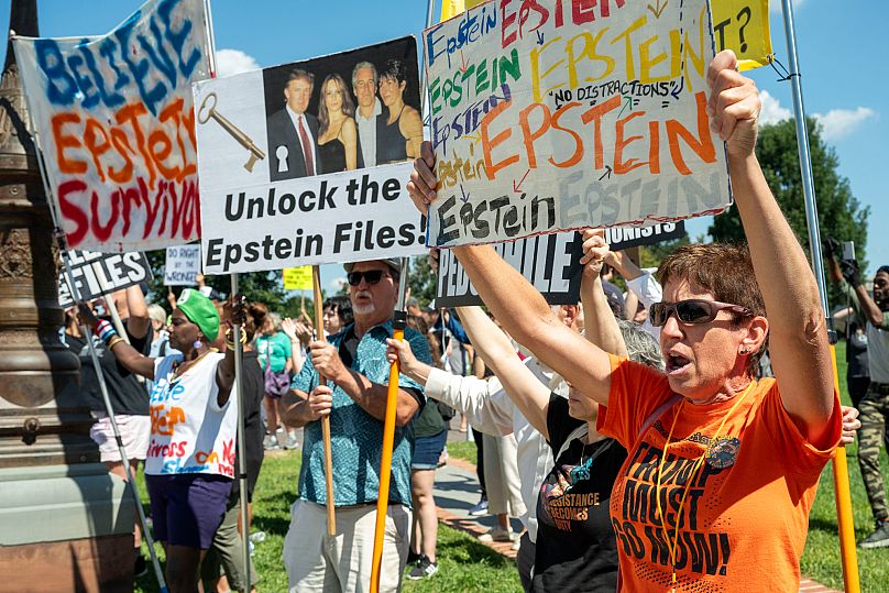 Protesters rally at a news conference calling for Congress to release all of the Jeffrey Epstein files, outside the U.S. Capitol, Wednesday, Sept. 3, 2025 in Washington. 