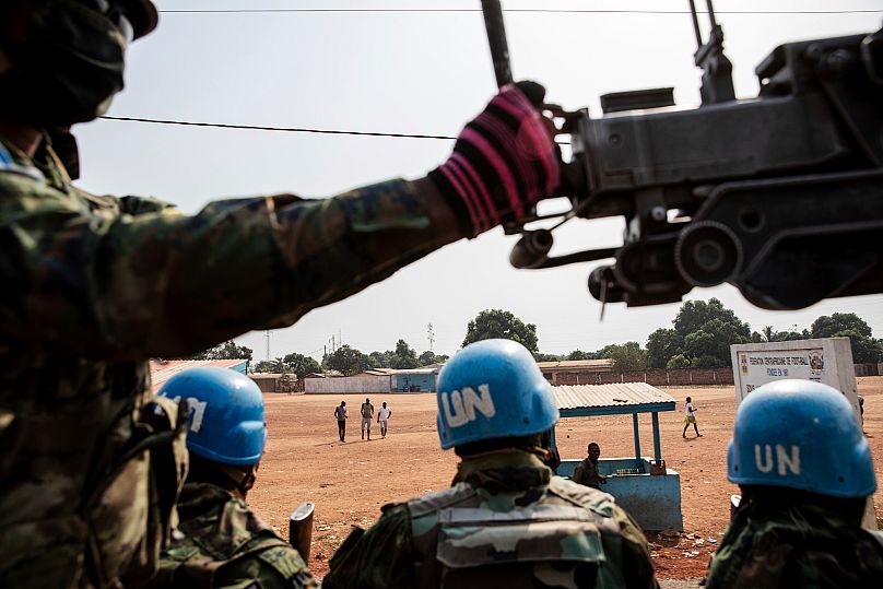 Rwandan MINUSCA peacekeeping forces patrol outside Bangui, Central African Republic, Saturday Jan. 23, 2021. 