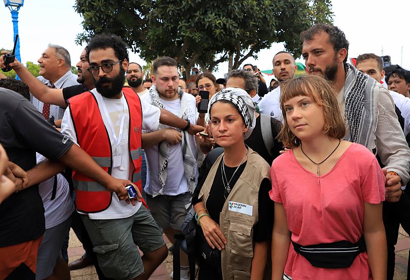 Swedish climate activist Greta Thunberg and German activist Yasemin Acar welcomed by Tunisians as the Global Sumud Flotilla arrives at the port of Sidi Bou Saïd, on 7 Sep 2025