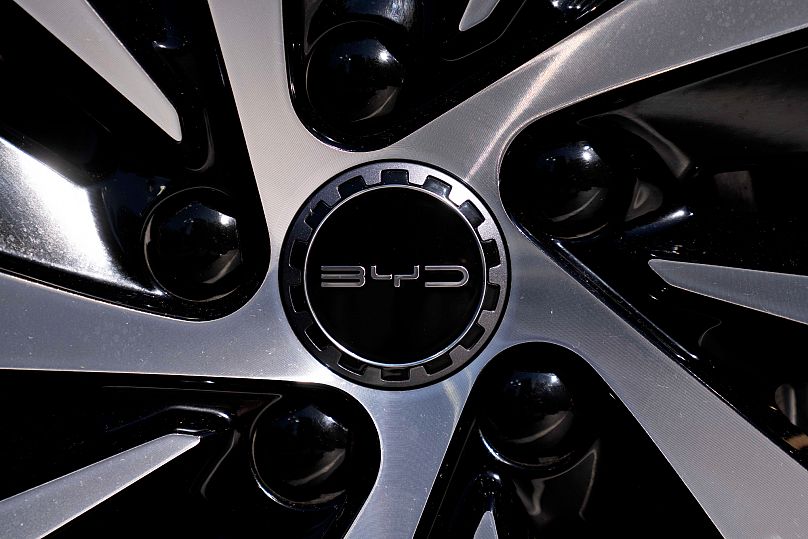 A car with the BYD logo on a rim is pictured at the IAA motor show in Munich, 8 September, 2023