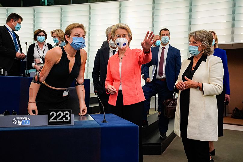 In previous years, von der Leyen has been accompanied by symbolic guests, like Italian Paralympic champion Bebe Vio in 2021.