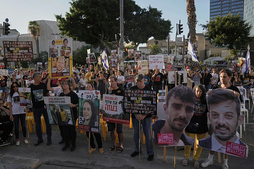Relatives and supporters of hostages held by Hamas in Gaza protest against the Israeli offensive in Gaza City in Tel Aviv, 31 August, 2025
