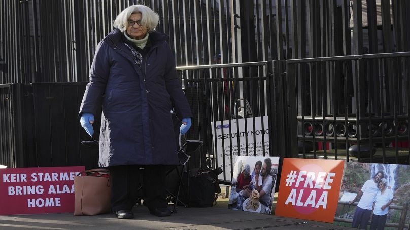 Leila Soueif, mother of Alaa Abd el-Fattah, stands outside Downing Street in London, Wednesday, Feb. 5, 2025.