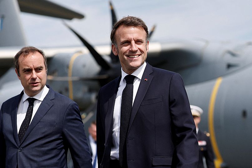French Defence Minister Sébastien Lecornu receives President Emmanuel Macron at the 55th International Paris Airshow at Le Bourget Airport near Paris, 20 June, 2025