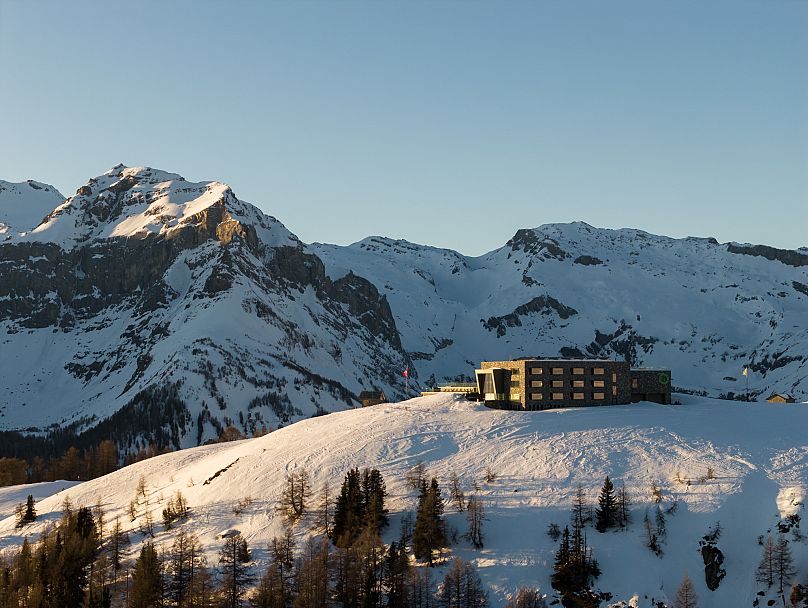 Aerial view of Hotel Chetzeron in winter