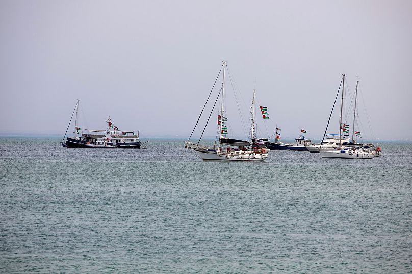 Ships that are part of the Global Sumud Flotilla heading to Gaza are anchored off the coast of Tunis, 9 September, 2025