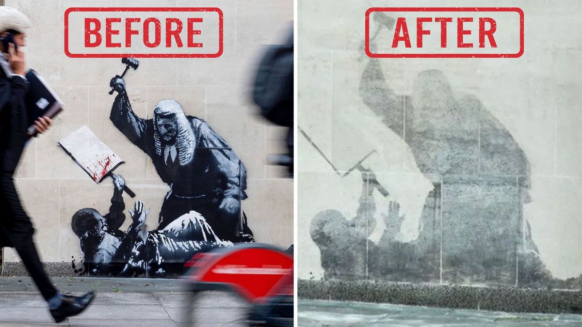Banksy mural of judge beating a protester scrubbed off Royal Courts of Justice in London