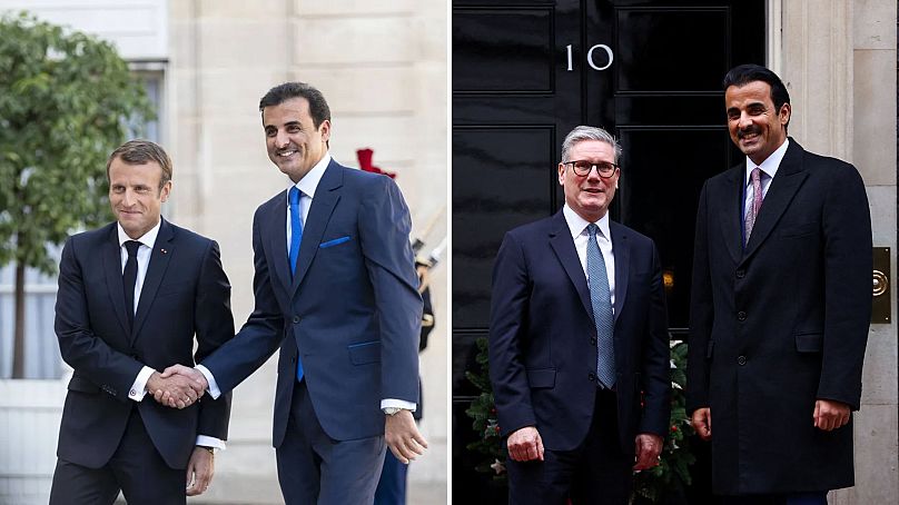 Tamim bin Hamad al-Shani katari emír a francia elnökkel és a brit miniszterelnökkel
