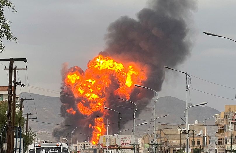 Flames and smoke rise following Israeli air strikes in Sanaa, 10 September, 2025