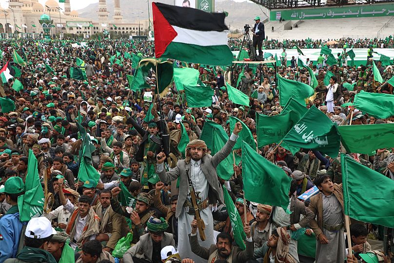 Houthi supporters chant slogans during a rally celebrating the birthday of Islam's prophet Muhammad in Sanaa, 4 September, 2025