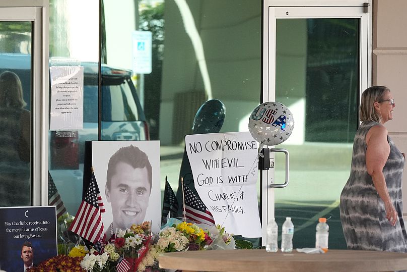 Makeshift memorial at the national headquarters of Turning Point USA shown after the shooting death of Charlie Kirk during a Utah college event Wednesday, Sept. 10, 2025. 